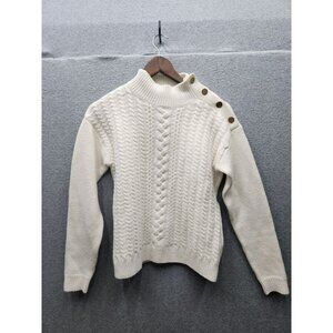 Draper James XS Cable Knit Sweater With Gold Button Accents On Shoulders High Ne